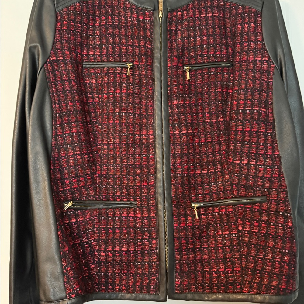 Calvin Klein Women’s Moto Black and Red Tweed Leather Jacket